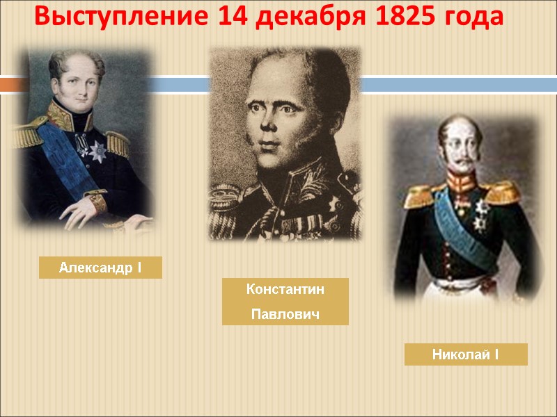 Выступление 14 декабря 1825 года  Александр I Константин Павлович Николай I